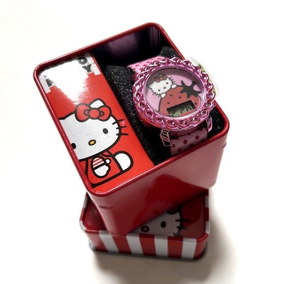 NWT Sanrio Hello Kitty Digital LCD Watch Pink Strawberry Polka Dot Tin Gift Box - Picture 2 of 4